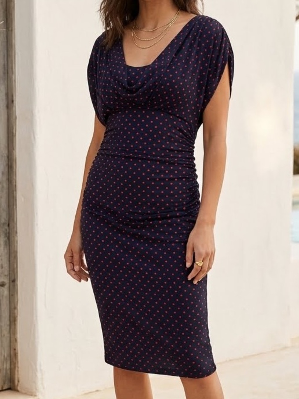 Evan Picone Dress Navy Blue Red Polka Dot Ruched Bodycon Cowl Neck Midi 14